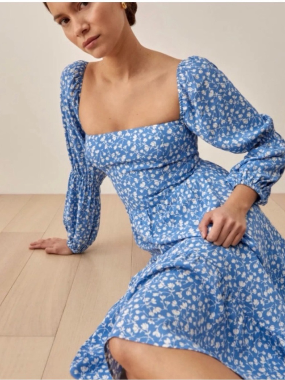 Reformation Mica Dress in Blue White Floral